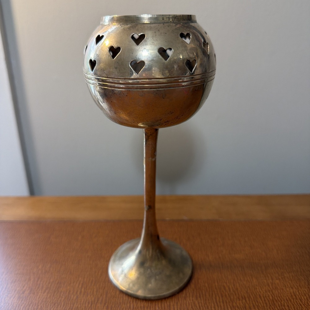 Vtg Solid Brass Goblet Candlestick With Heart Cutouts That Illuminate Hearts 8"